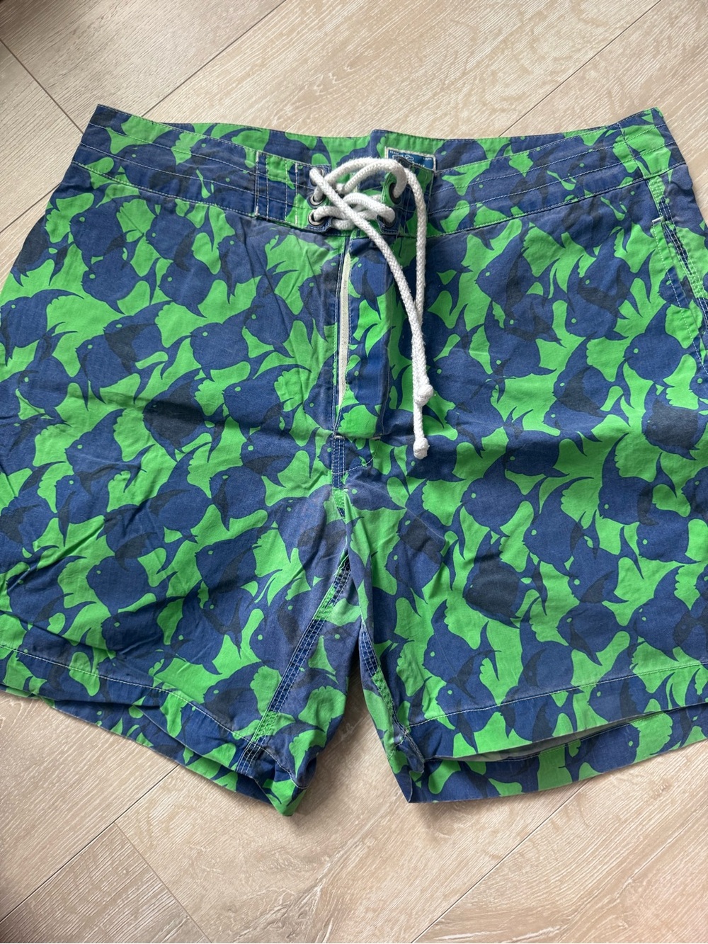 J. Crew Green and Navy Fish-Print Swim Trunks